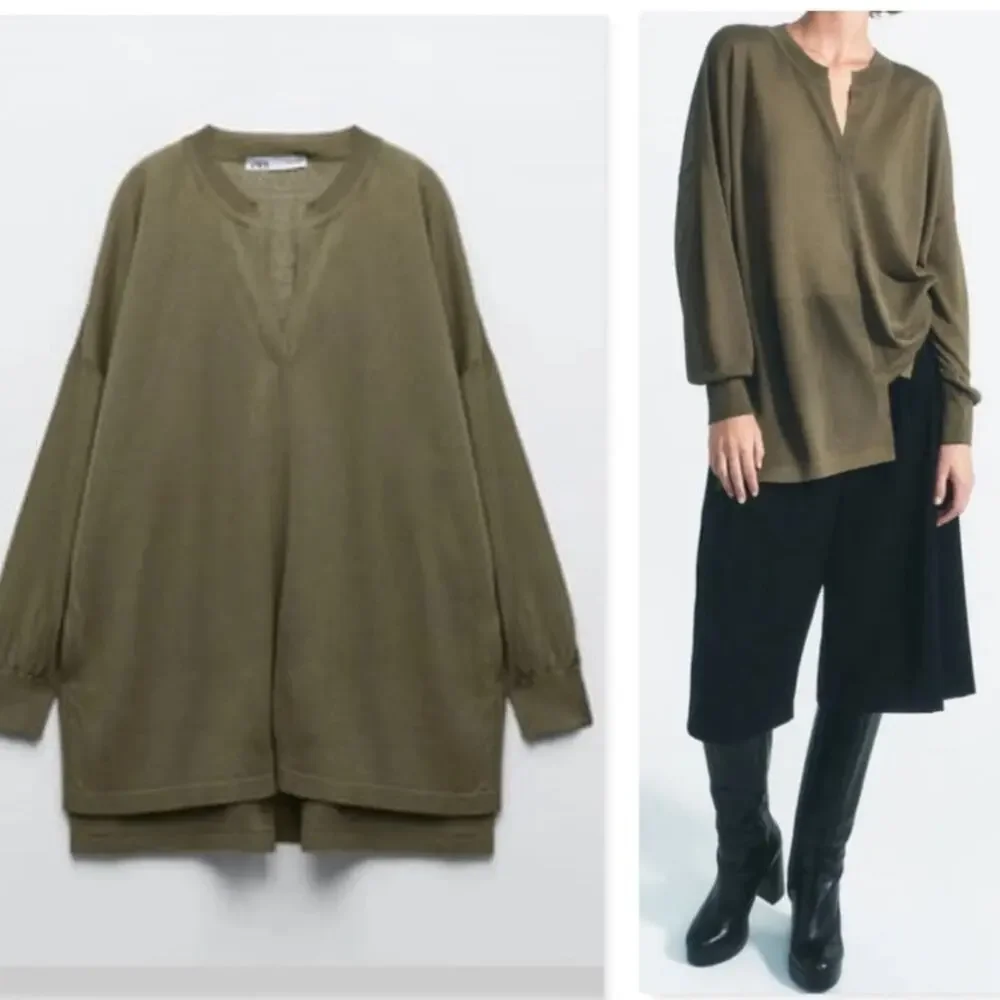 ZARA Linen Blend Oversized Shimmer Tunic Top Womens Small Olive Green Spring - Picture 2 of 12